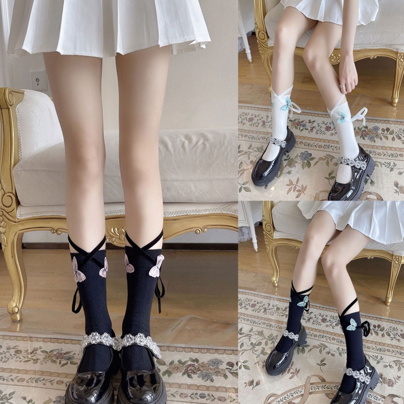 Vớ Cotton Cổ Thuyền Cột Dây Họa Tiết Bướm 3D Phong Cách Lolita Cho Nữ