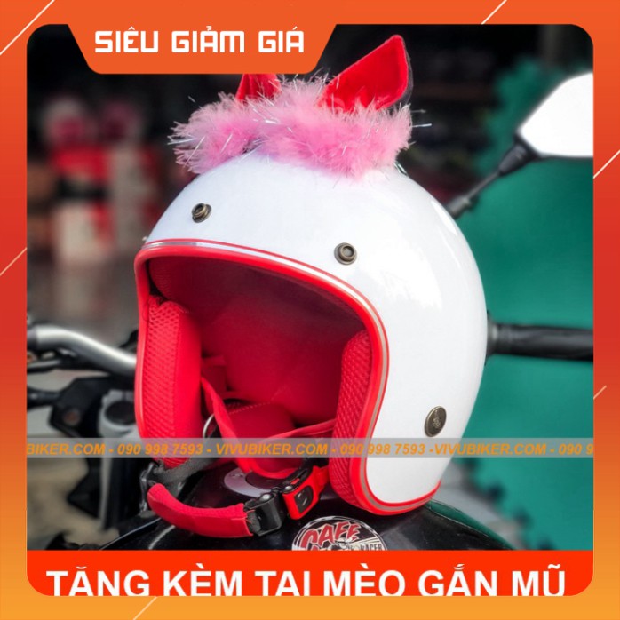 KHO SG-  Tai mèo gắn nón bảo hiểm kèm mũ bảo hiểm 3/4 màu trắng lót đỏ cực dễ thương - Tai thỏ FungFing gắn mũ bảo hiểm