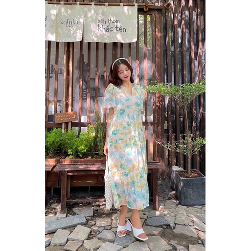 Đầm Voan Hoa Lụa Cổ V Phom Suông Rộng Dáng Tầng Babydoll Phong Cách Nữ Tính Nhẹ Nhàng