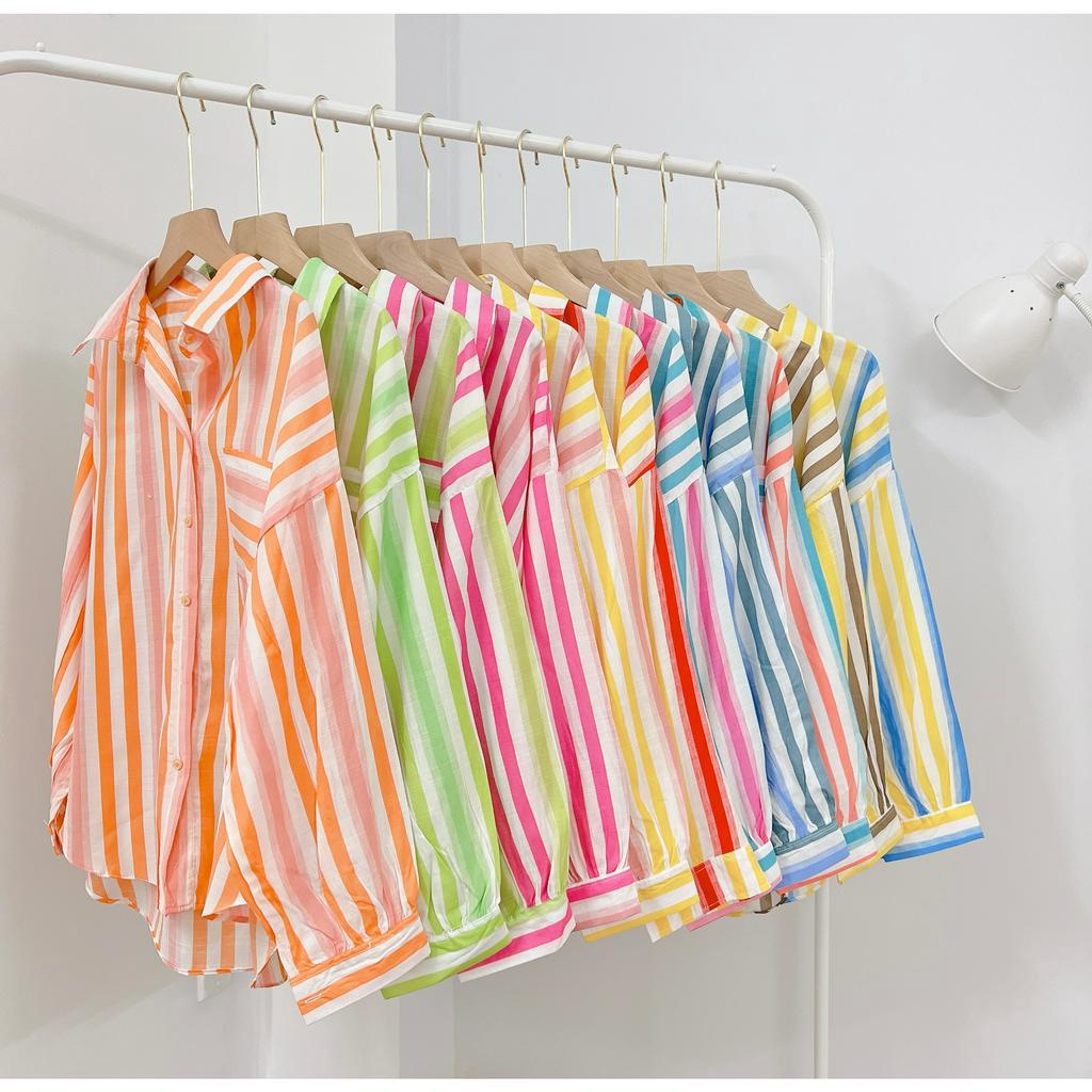 Áo Sơ Mi Nữ Kẻ Sọc Phối Màu Loang Lạ Mắt Freesize, Sơ Mi Tay Dài Phồng Cho Nữ Form Rộng Vừa SUBICI