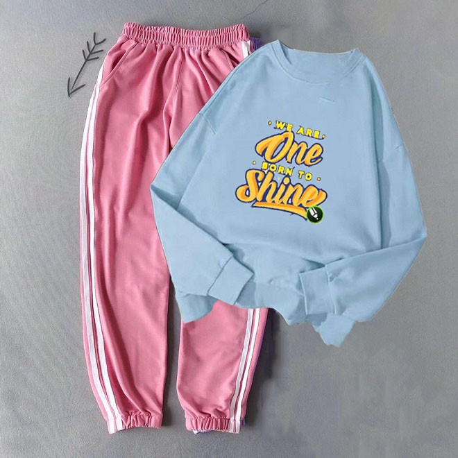 Bộ Quần Áo Nữ Dài Tay Đẹp Giá Rẻ, Gồm Áo Nỉ Da Cá Màu Xanh In Chữ ONE SHINE Kèm Quần Hai Sọc Bo Chun Gấu | BigBuy360 - bigbuy360.vn