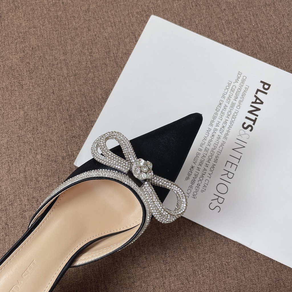 Giày Cao Gót Nữ Đen 5 Phân Mũi Nhọn Đính Nơ Sang Chảnh