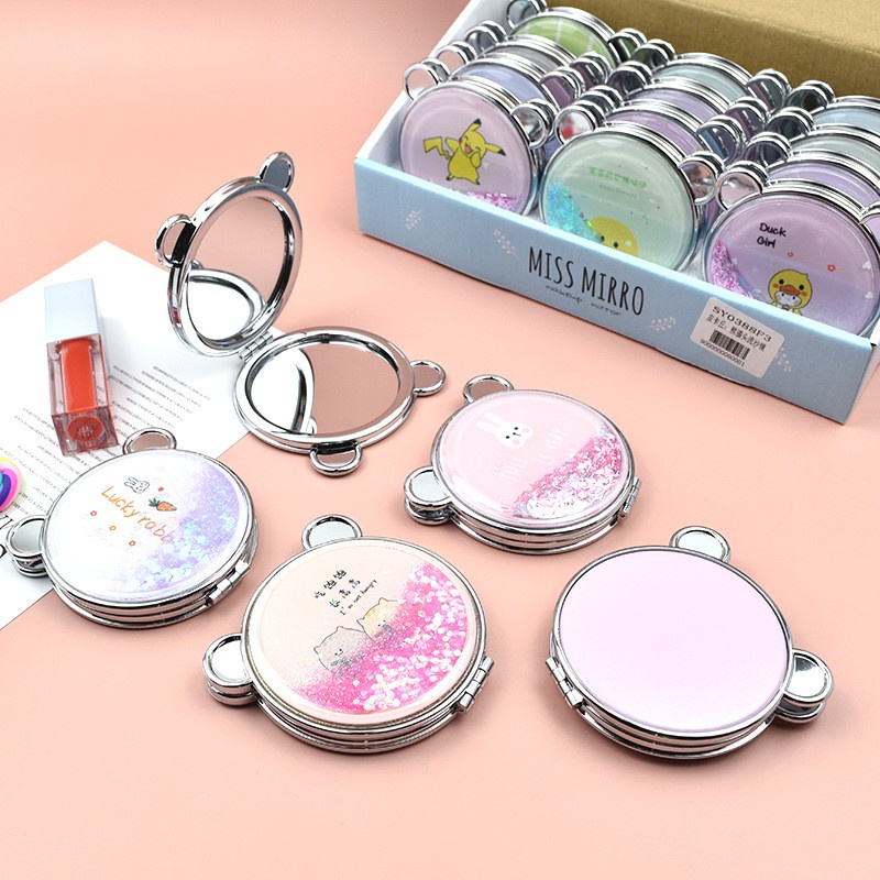 Gương trang điểm mini, gương nhũ tròn nhũ kim tuyến 2 mặt
