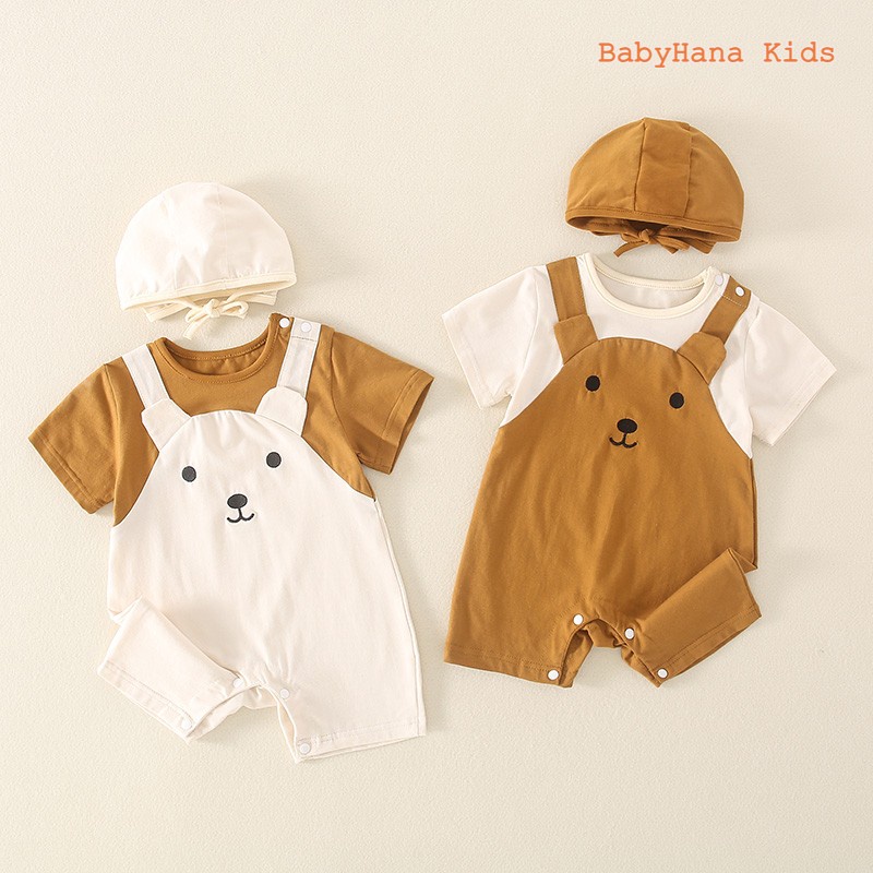 Bộ Bodysuit cho bé, body yếm kèm mũ hình gấu cho bé trai bé gái từ 0-12 tháng