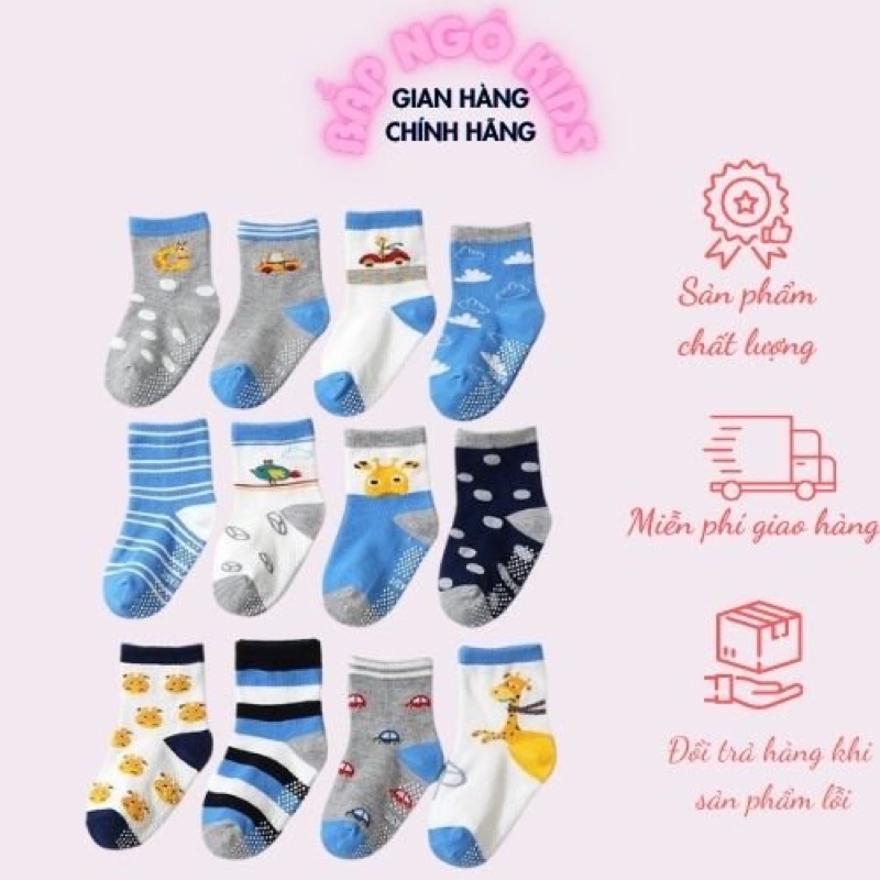 Tất chống trượt Kids Basic cho bé trai gồm 12 mẫu đáng yêu, chất liệu cao cấp Bắp Ngô Kids