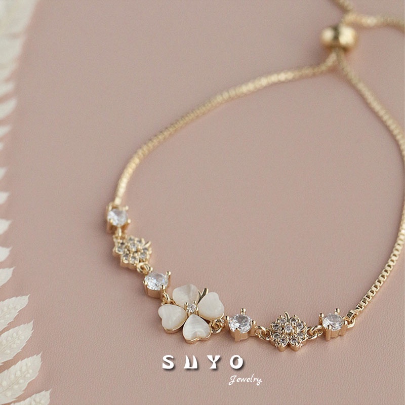 Vòng Tay Đính Đá Zircon Hình Cỏ Bốn Lá Dây Rút Dễ Điều Chỉnh Thời Trang Cho Nữ 2022