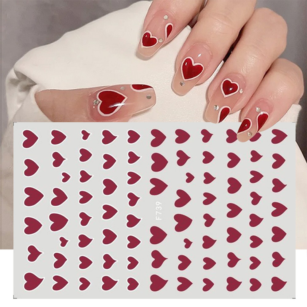 Nhãn Dán Trang Trí Móng Tay 3D Tự Dính DIY Hình Trái Tim Ngôi Sao Màu Đỏ Đen Trắng