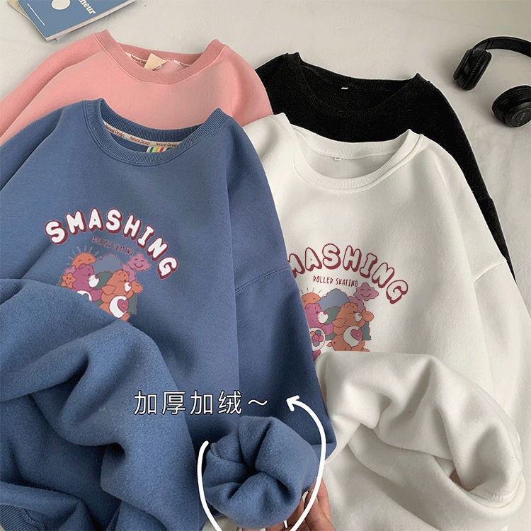 Áo hoodie cổ tròn vải lông cừu dày phong cách đường phố hip hop mới mùa thu đông 2021 cho nữ