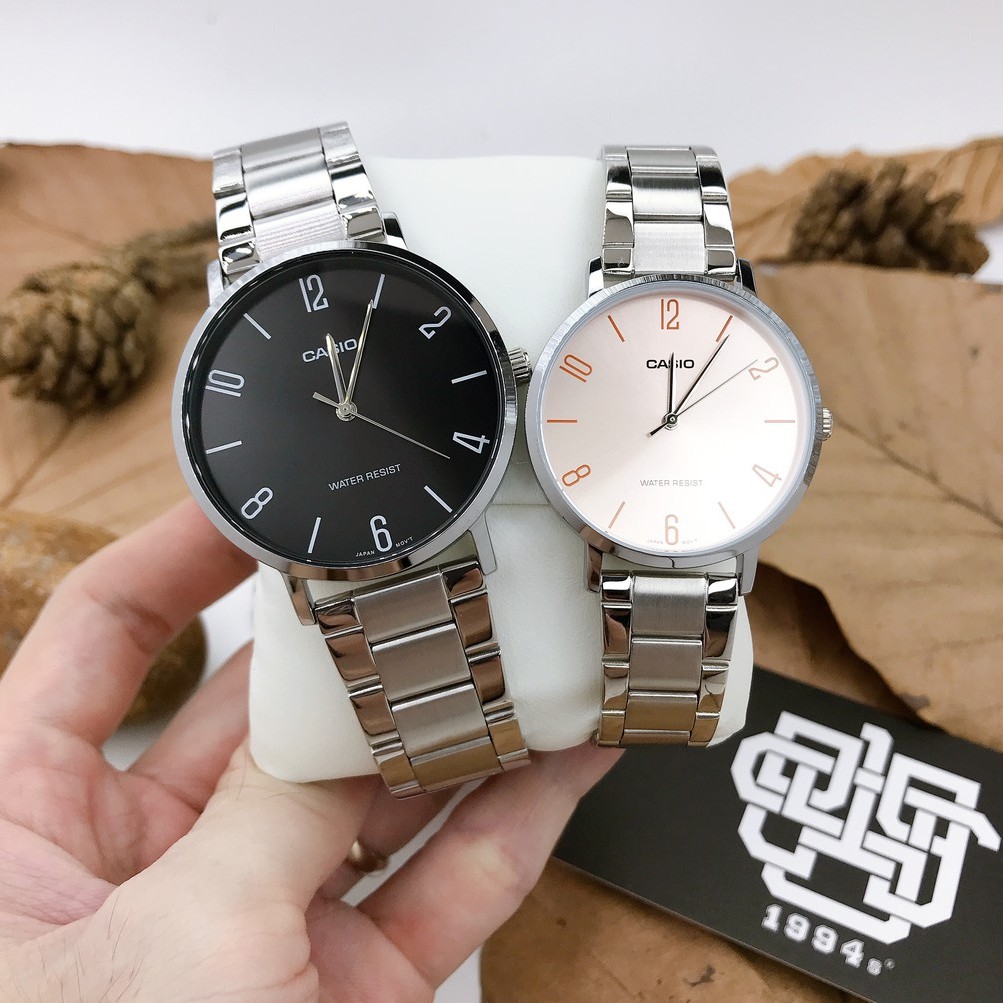 Đồng hồ cặp Casio MTP-VT01D-1B2 / LTP-VT01D-4B2 dây thép không gỉ, size 34mm, 40mm chống nước, hàng chính hãng