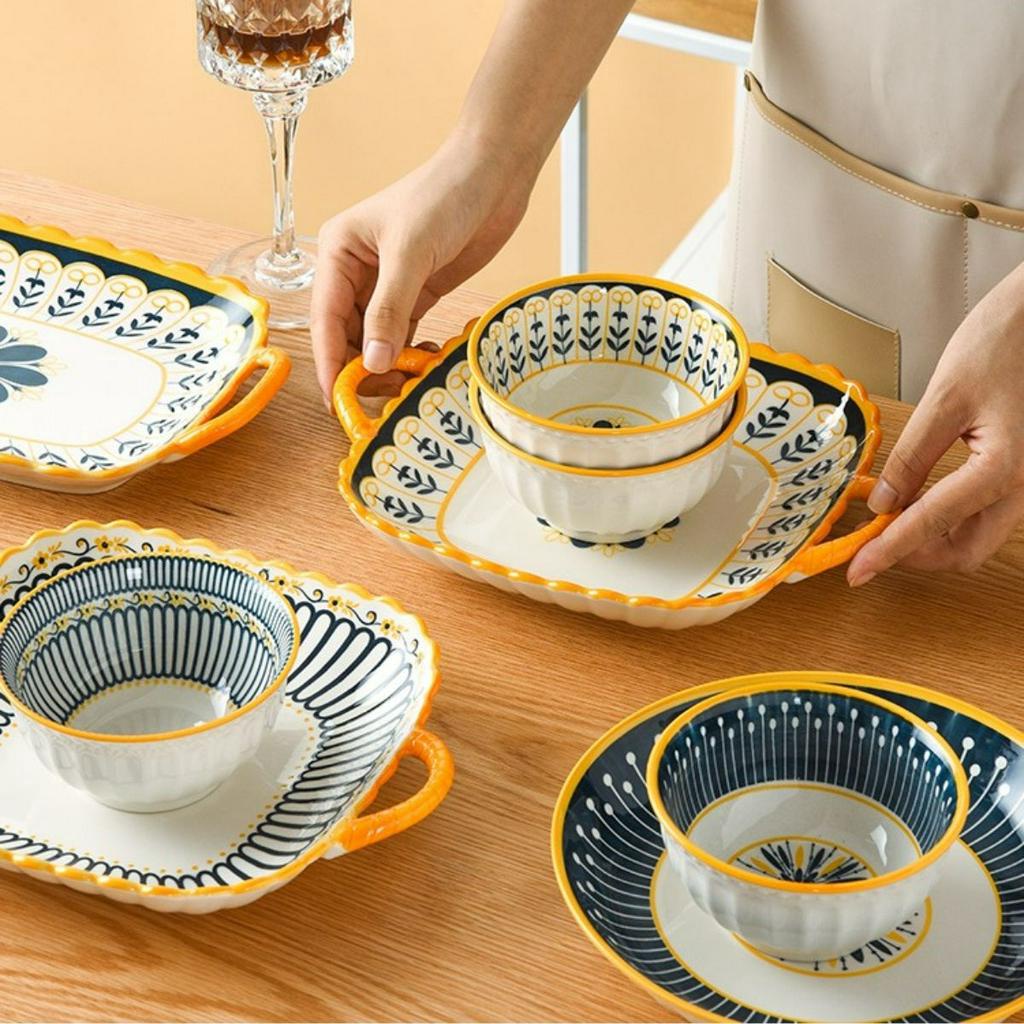 Bát Đĩa Decor Có Tay Cầm Phong Cách Bắc Âu Scandinavia, Đĩa Vuông Có Tay Cầm, Đĩa chữ nhật