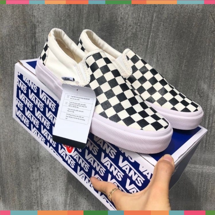 Giày thể thao sneaker 𝐕𝐀𝐍𝐒 lười nam nữ - Giày lười Slip On 𝐕𝐀𝐍𝐒 Caro kẻ sọc đen trắng cá tính đủ size Full Box