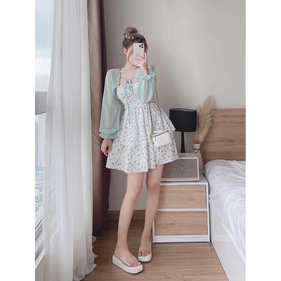 Đầm váy 2 dây mix áo voan ngoài xinh xắn với họa tiết hoa cute dành cho các tình yêu đi chơi, đi biển
