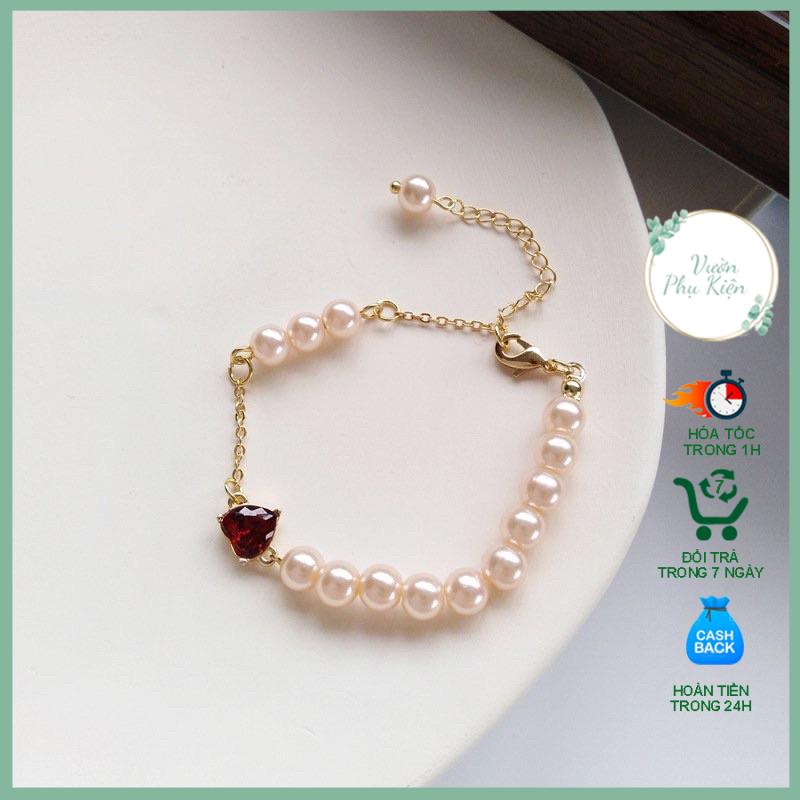 Vòng tay hạt ngọc nhân tạo mặt trái tim Lắc tay chuỗi hạt không đối xứng mặt trái tim dễ thương