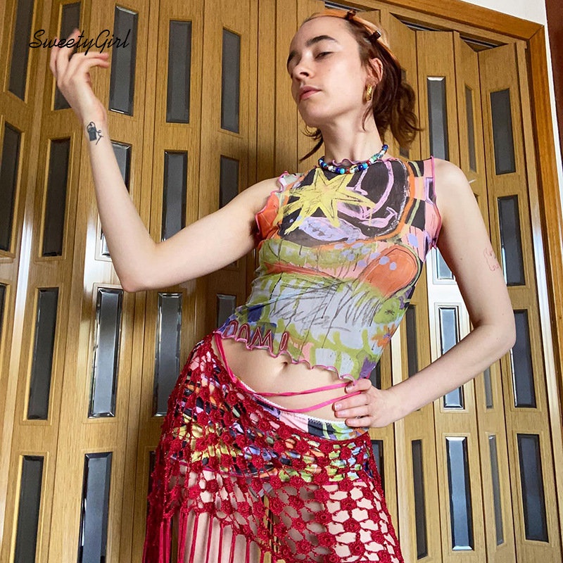 Áo Tank Top Cổ Tròn In Họa Tiết Hoạt Hình Dễ Thương Thời Trang 2022 Cho Nữ