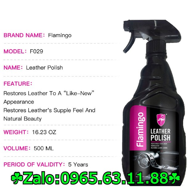 Xịt dưỡng vệ sinh nội thất Flamingo F029 500ml ( mẫu mới vỏ chai màu hồng )