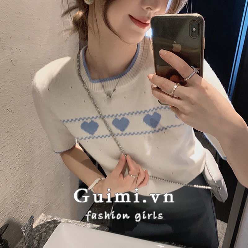Áo dệt kim NZN ngắn tay cổ tròn hình trái tim thời trang Hàn Quốc 3 màu cho nữ