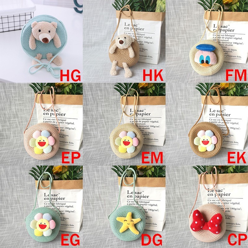 Túi Xách Tròn Đan Rơm Đính Nơ Họa Tiết Hoạt Hình Dễ Thương Cho Bé Gái