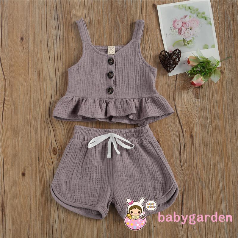 Bộ Áo Trễ Vai Màu Trơn + Quần Short Cho Bé Gái