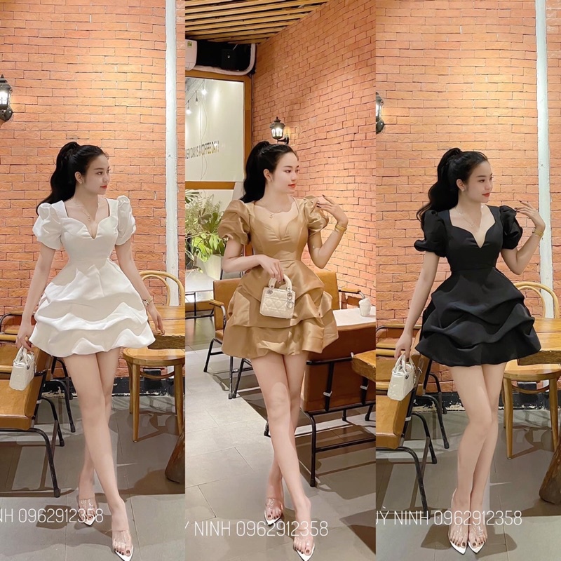 Váy Thiết Kế Tafta Cổ V Nhún Bồng