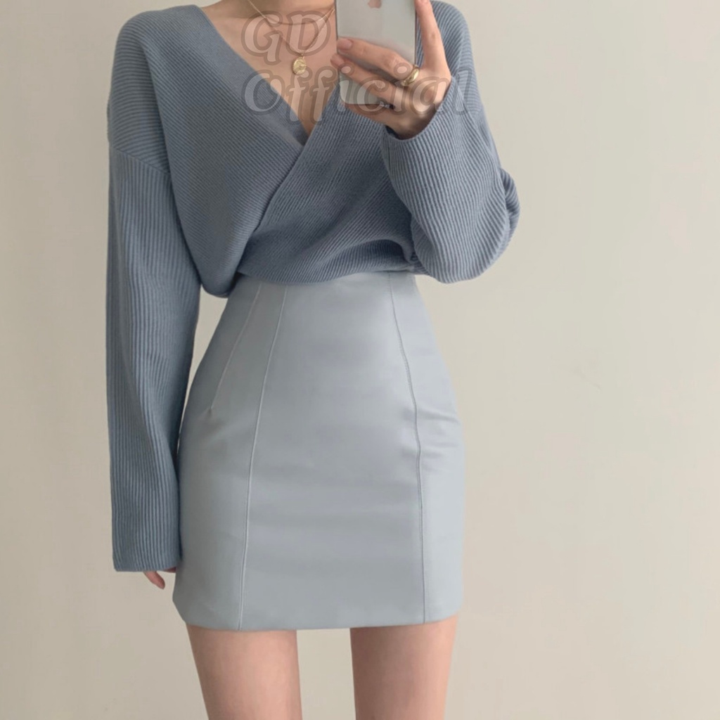 L8|Áo len dệt kim nữ cổ chữ V chéo vạt lộ xương quai xanh dài tay dáng rộng trơn màu trắng, đen, xanh, hồng GD Official