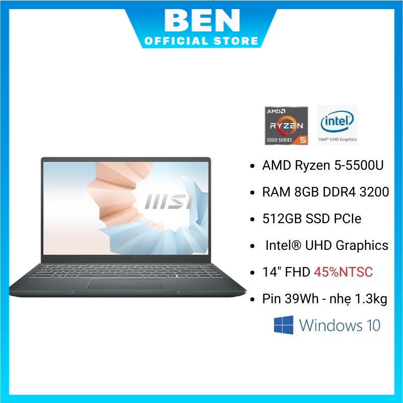 Laptop NS MSI Modern 14 B5M-204VN - Xám ( R5 5500U - 8GB - 512GB - 14&quot; FHD - Win 11H ) - Hàng chính hãng - BH12T