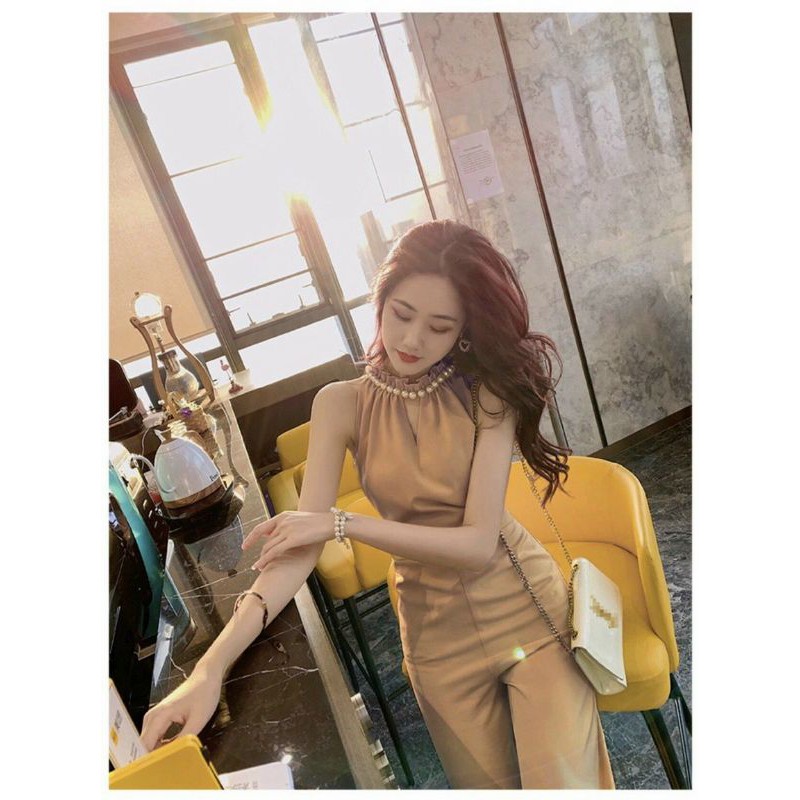 Jumpsuit dài cổ yếm đính hạt, bộ jum đồ bay không tay lụa chéo Ý - DTH