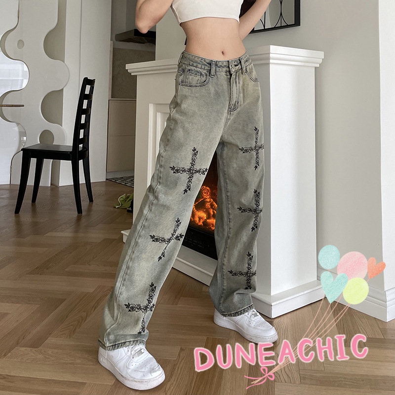 DUNEA Quần Denim Lưng Thấp In Họa Tiết Vintage Cá Tính Cho Nữ