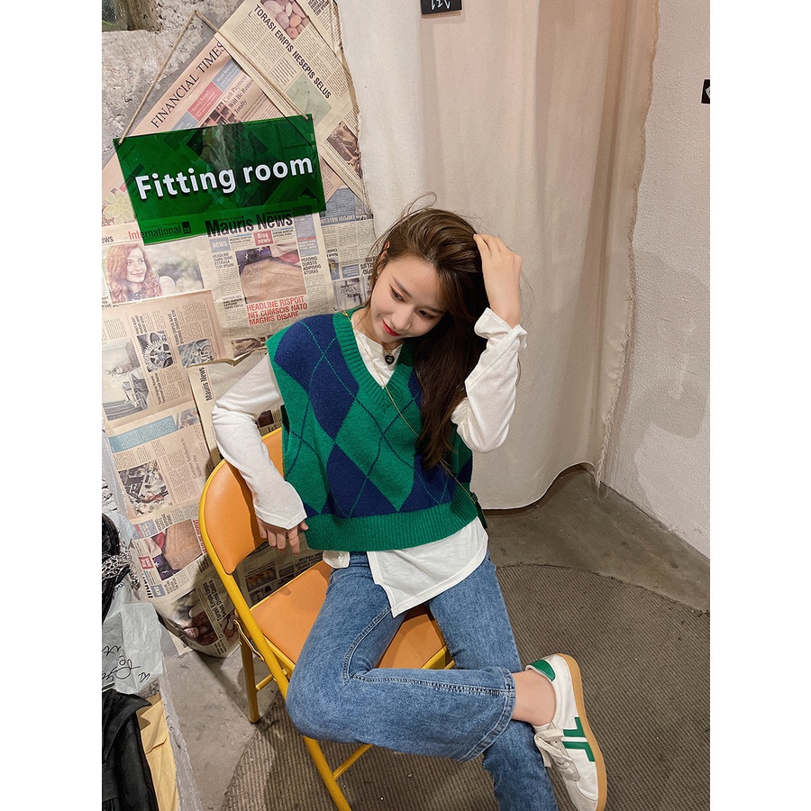 Áo dệt kim không tay dáng rộng phong cách retro Hàn Quốc thời trang