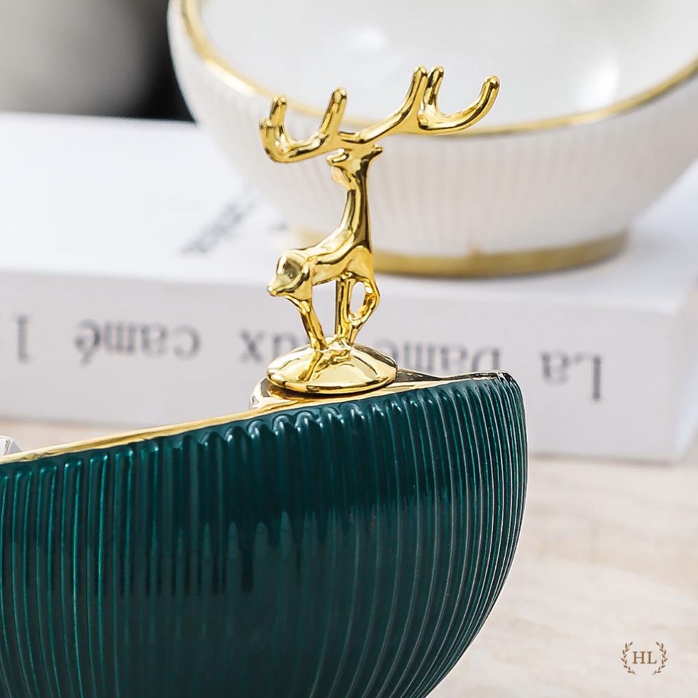 Bát Sứ Đựng Kẹo - Chìa Khóa - Phụ Kiện Decor 2022 | Âu Sứ Decor Kẻ Vàng Kim Vân Nổi Hình Hươu Mạ Vàng ( Hàng Có Sẵn )