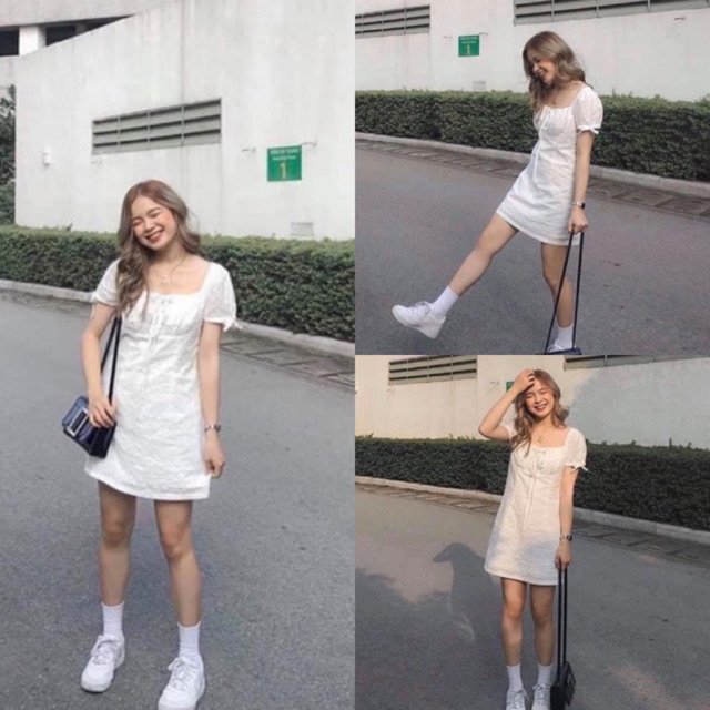 Đầm Trắng Owen Dress váy xinh chất vải kate kèm lớp lót dày dặn tay bèo có dây thắt cột nơ kèm ảnh trải sàn