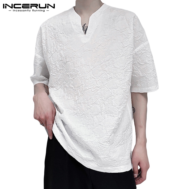 Áo INCERUN tay lỡ cổ chữ V dáng rộng in họa tiết dập nổi thời trang dành cho nam