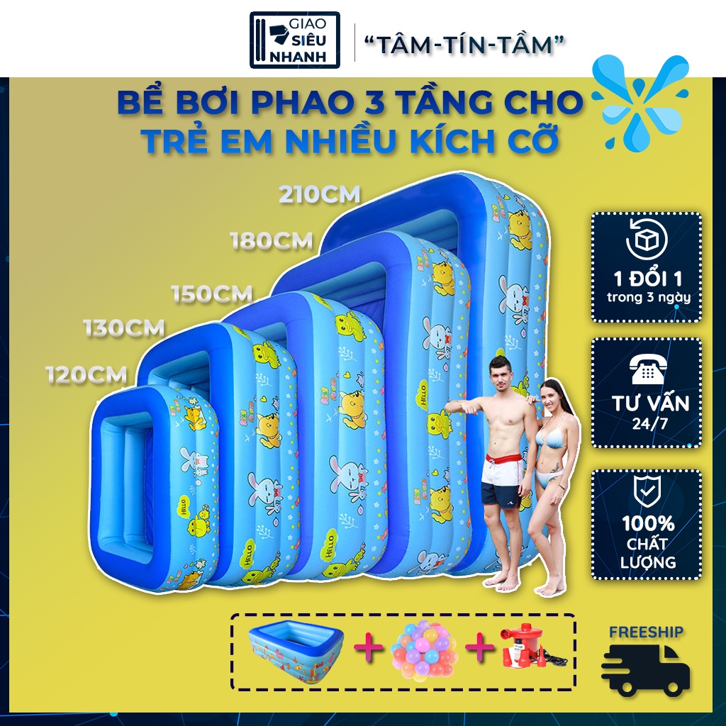 Bể Bơi Cho Bé, Bể Bơi Phao Trẻ Em - Bể bơi 3 tầng - Thiết kế đẹp, thành bể dày, 2 lớp chống trơn trượt - An toàn