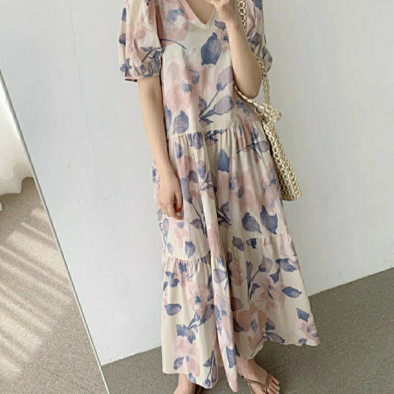 Đầm Maxi Hoa Tay Phồng Cổ V, Phong Cách Hàn Quốc, Free Size Từ 50 Đến 70ký, Chất Liệu Thoáng Mát