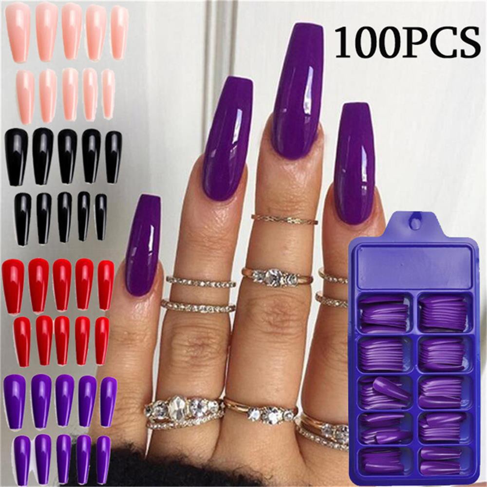 Bộ 100 móng giả chất liệu acrylic màu kẹo che toàn bộ móng DIY