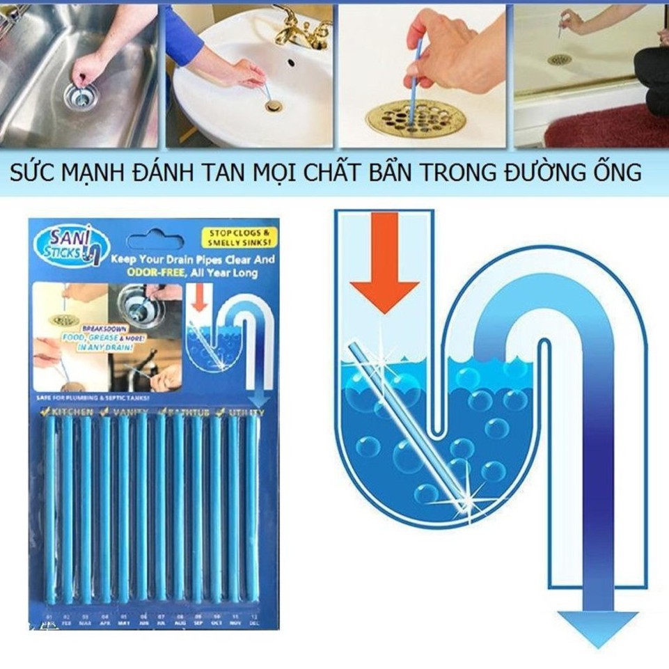 ⚡ Sét 12 Que Thông Cống Thanh Tẩy Rửa Cống Loại Mới - Vỉ 12 que thông cống , thông tắc bồn rửa bát Sani Sticks  ⚡