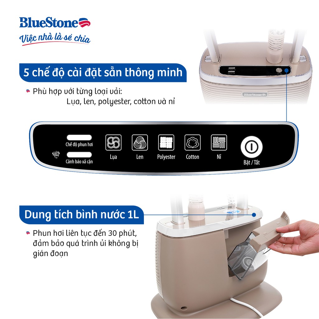 [Mã ELBLUE9 giảm 5% đơn 500k] Bàn ủi hơi nước đứng BlueStone GSB-3951