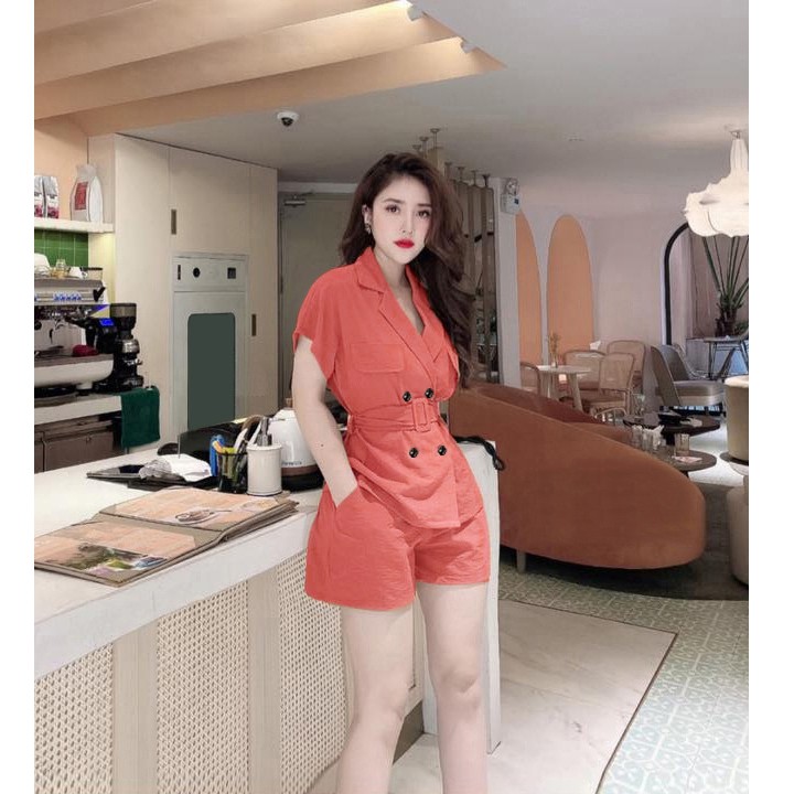 Set Nữ FREESHIP Set nguyên bộ quần short áo 4 nút cổ vest thắt J1095