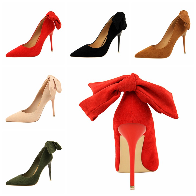 BIGTREE Giày Cao Gót 10.5cm Da Lộn Mũi Nhọn Miệng Nông Trang Trí Nơ Cho Nữ 1717-3