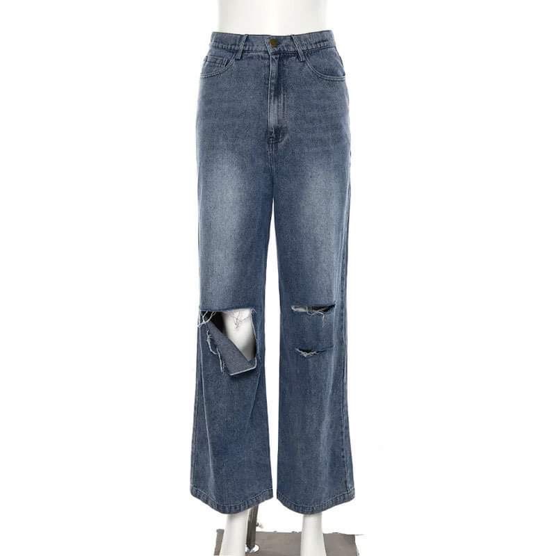 Quần Jeans Màu Xanh Rách Gối Ống Rộng Phong Cách Streetstyle Hot Trend 2022