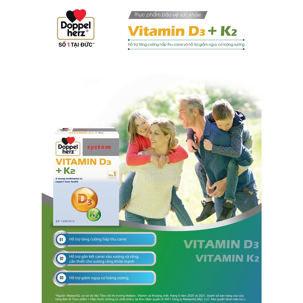 Liệu trình 03 tháng tăng cường hấp thụ Canxi, phòng ngừa loãng xương Doppelherz Vitamin K2 D3 (03 hộp, 30 viên/hộp)