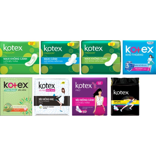 Kotex  các loại ( kotex khô thoáng ,thảo dược, siêu mềm , kotex pro, kotex maxi không cánh