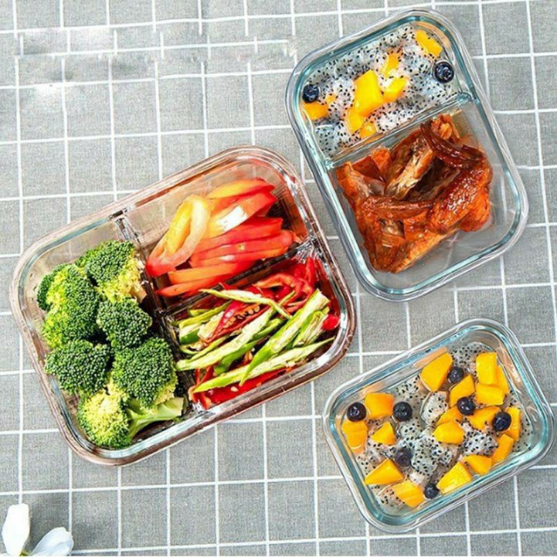 Hộp thực phẩm 3 ngăn thủy tinh, hộp cơm thủy tinh 1000ml