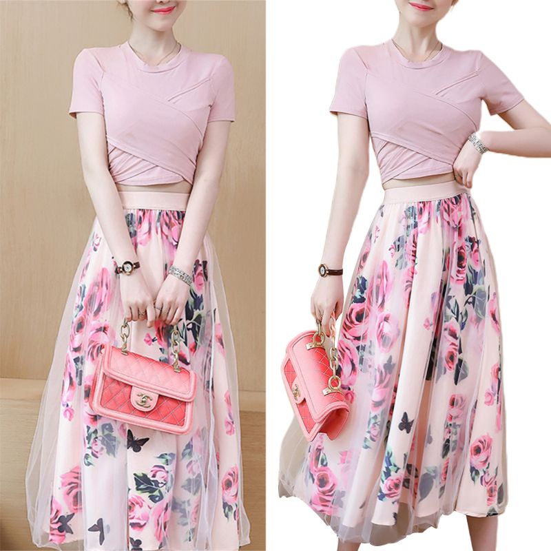 Set Áo Croptop 2 Dây Cột Phối Chân Váy Ren Hoa Phong Cách Hàn Quốc Xinh Xắn Cho Nữ