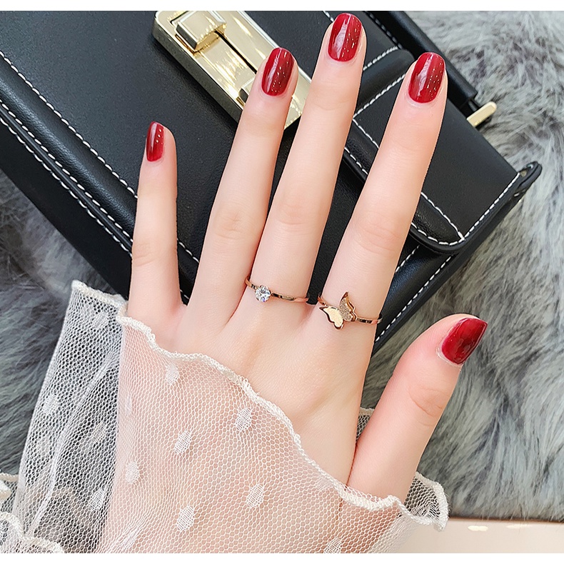 Nhẫn MAYEBE LAVEND bằng thép titan màu vàng hồng không phai phối mặt bướm/ đính đá đơn giản phong cách Hàn Quốc