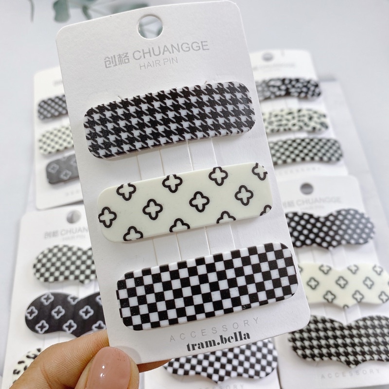 set 3 kẹp tóc kiểu caro đe trắng nhiều hình
