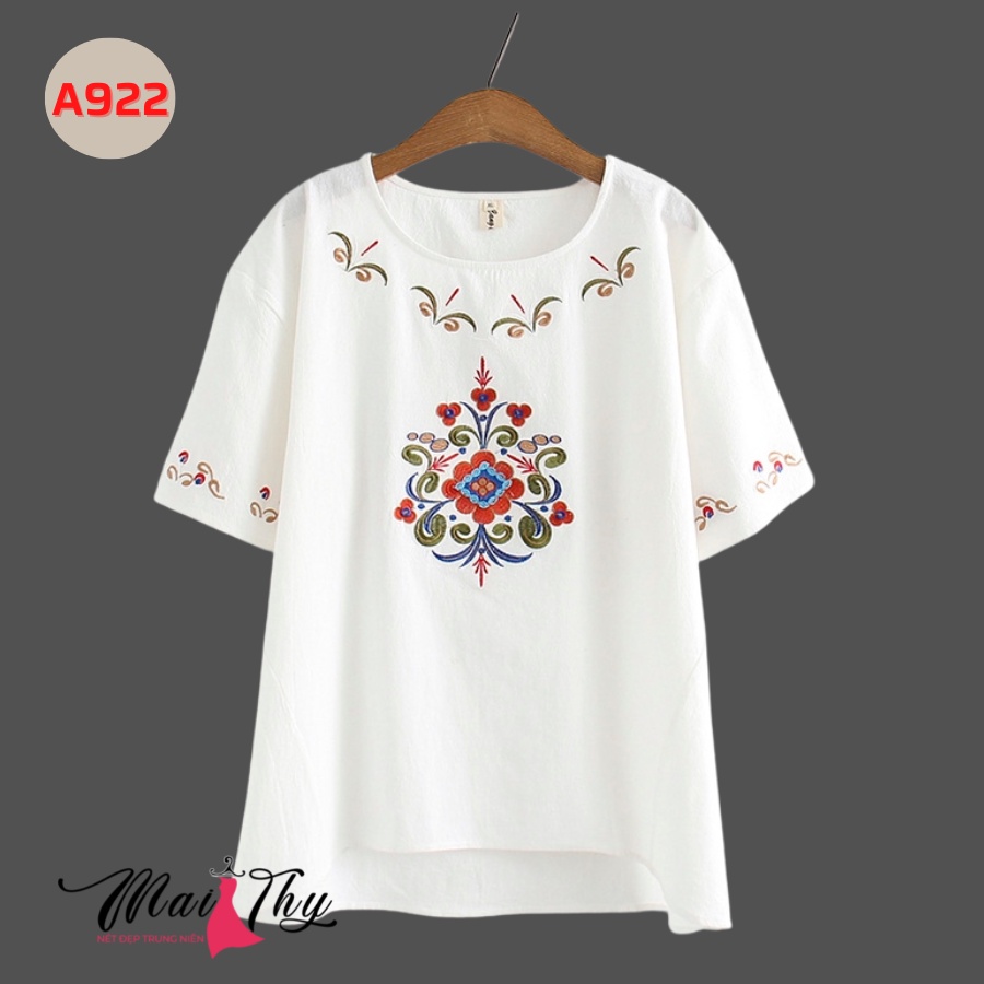 Áo Trung Niên MAI THY 922, Mẫu Áo Nữ Thêu Họa Tiết Chất Đũi Hàn Form Rộng Trẻ Trung | Thời Trang Trung Niên U40+