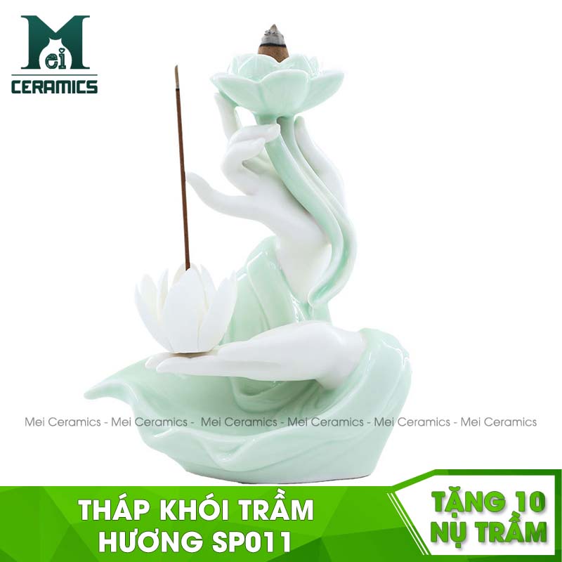 Tháp Khói Trầm Hương Bàn Tay Ngọc Nâng Búp Sen/ Lư Hương Cao Cấp Mei Ceramics