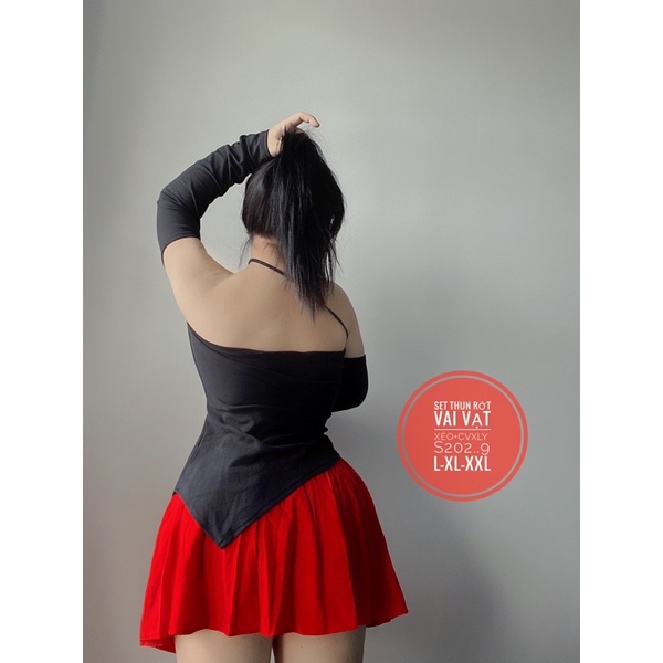 Set Bigsize áo bẹt vai dây chéo bún chân váy xếp ly