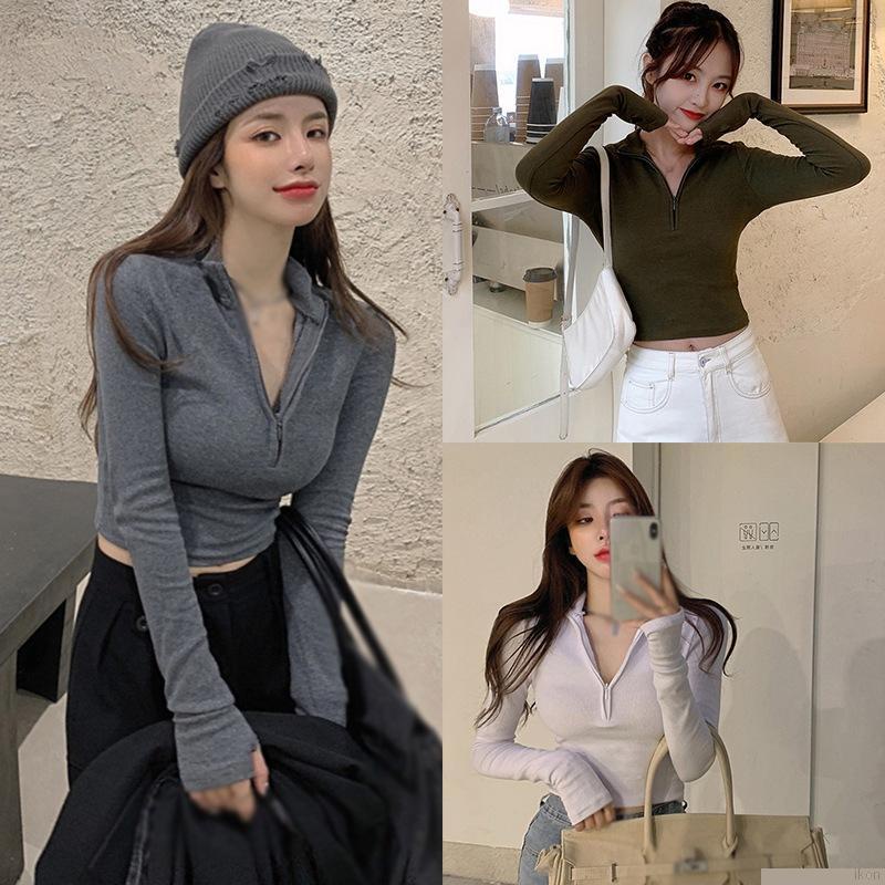 Áo croptop tay dài màu sắc đơn giản cho nữ chất lượng cao