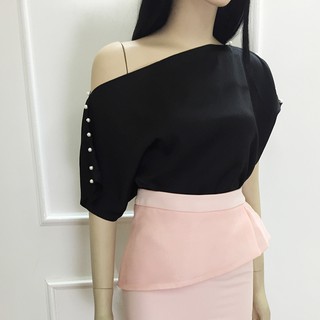 Áo lệch vai💖Ảnh thật💖Áo lụa đen đính hạt freesize